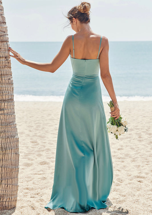 Sheath/Column Square Neckline Sleeveless Floor-Length Stretch Satin Bridesmaid Dresses with Pleated Split Brianna DHP0025282