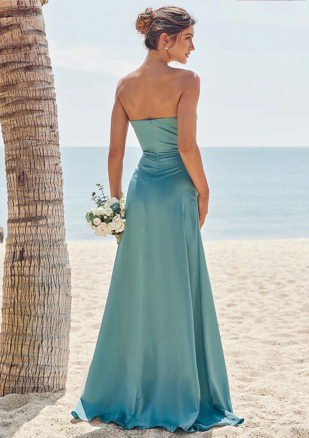 Sheath/Column Square Neckline Sleeveless Floor-Length Stretch Satin Bridesmaid Dresses with Pleated Split Brianna DHP0025282