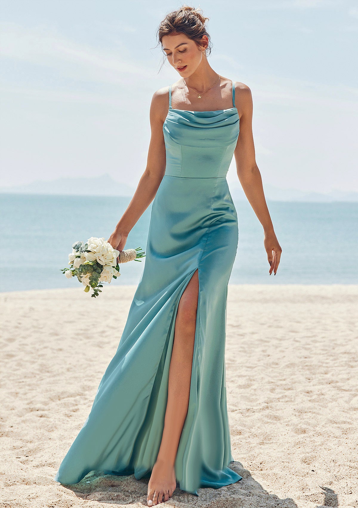 Sheath/Column Square Neckline Sleeveless Floor-Length Stretch Satin Bridesmaid Dresses with Pleated Split Brianna DHP0025282