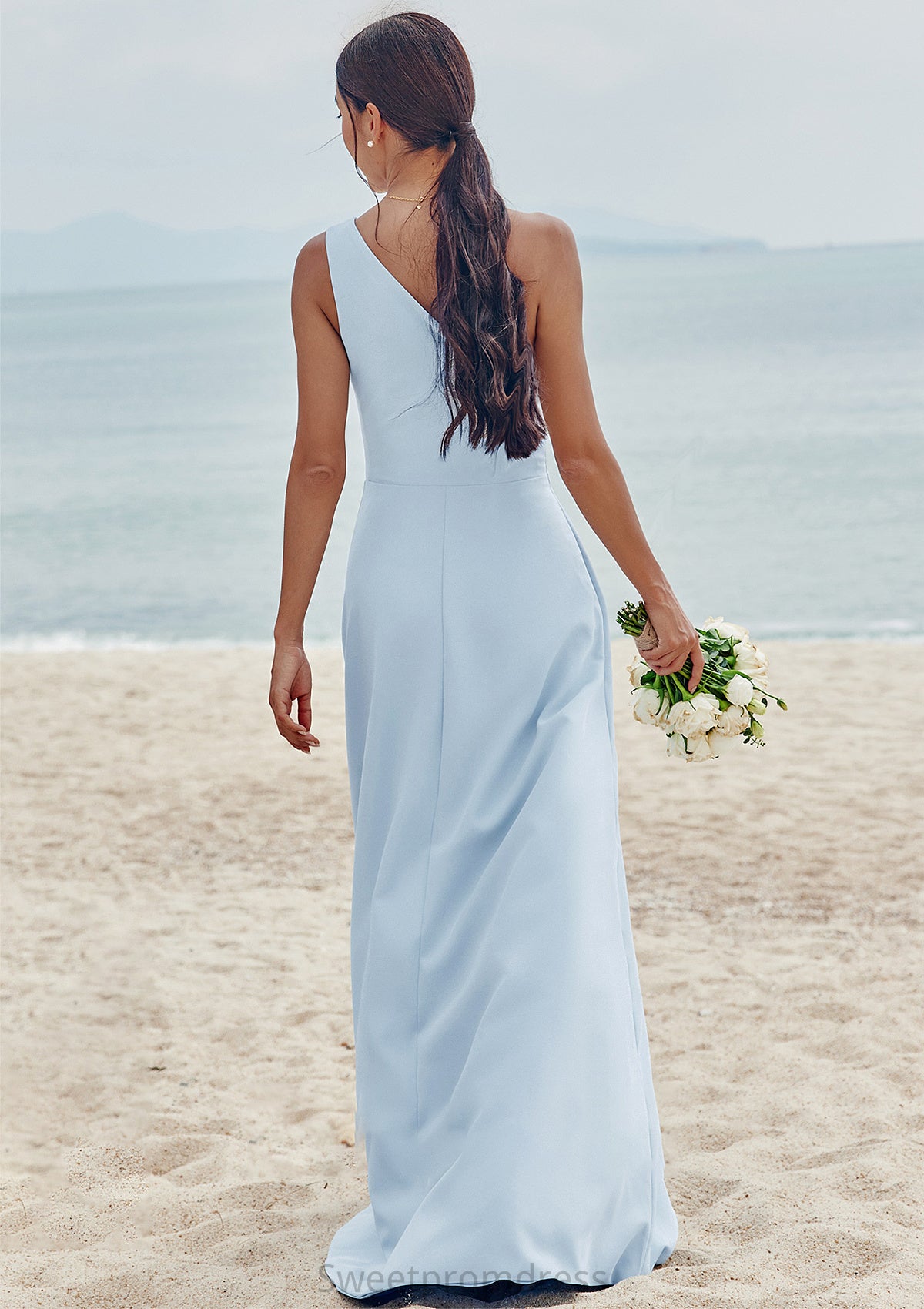 A-line One-Shoulder Sleeveless Floor-Length Stretch Crepe Bridesmaid Dresses with Pleated Split Lilia DHP0025284