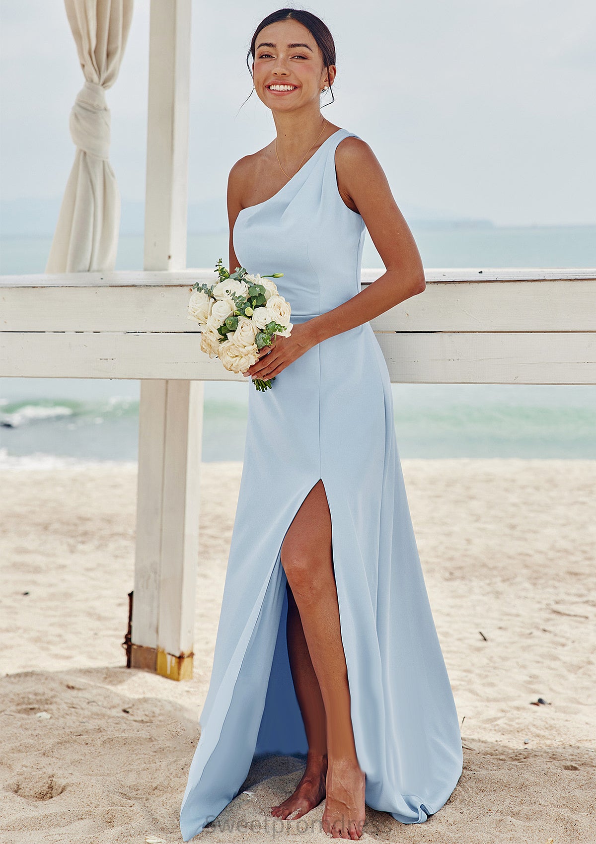 A-line One-Shoulder Sleeveless Floor-Length Stretch Crepe Bridesmaid Dresses with Pleated Split Lilia DHP0025284