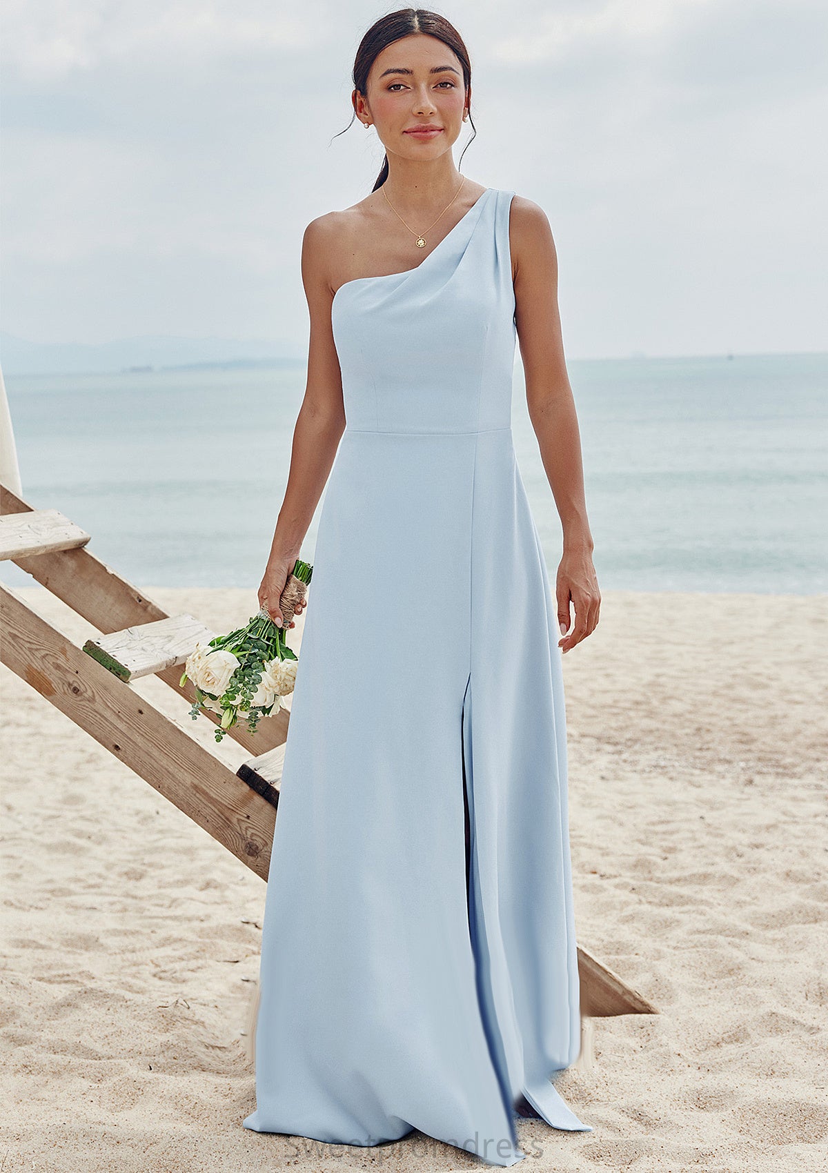 A-line One-Shoulder Sleeveless Floor-Length Stretch Crepe Bridesmaid Dresses with Pleated Split Lilia DHP0025284