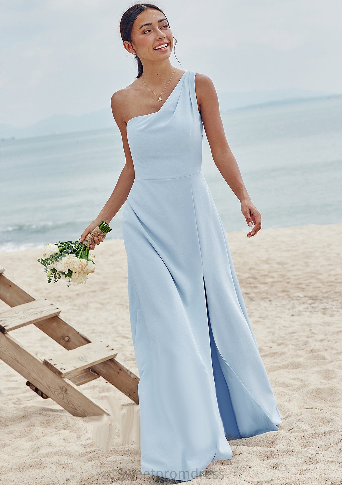 A-line One-Shoulder Sleeveless Floor-Length Stretch Crepe Bridesmaid Dresses with Pleated Split Lilia DHP0025284