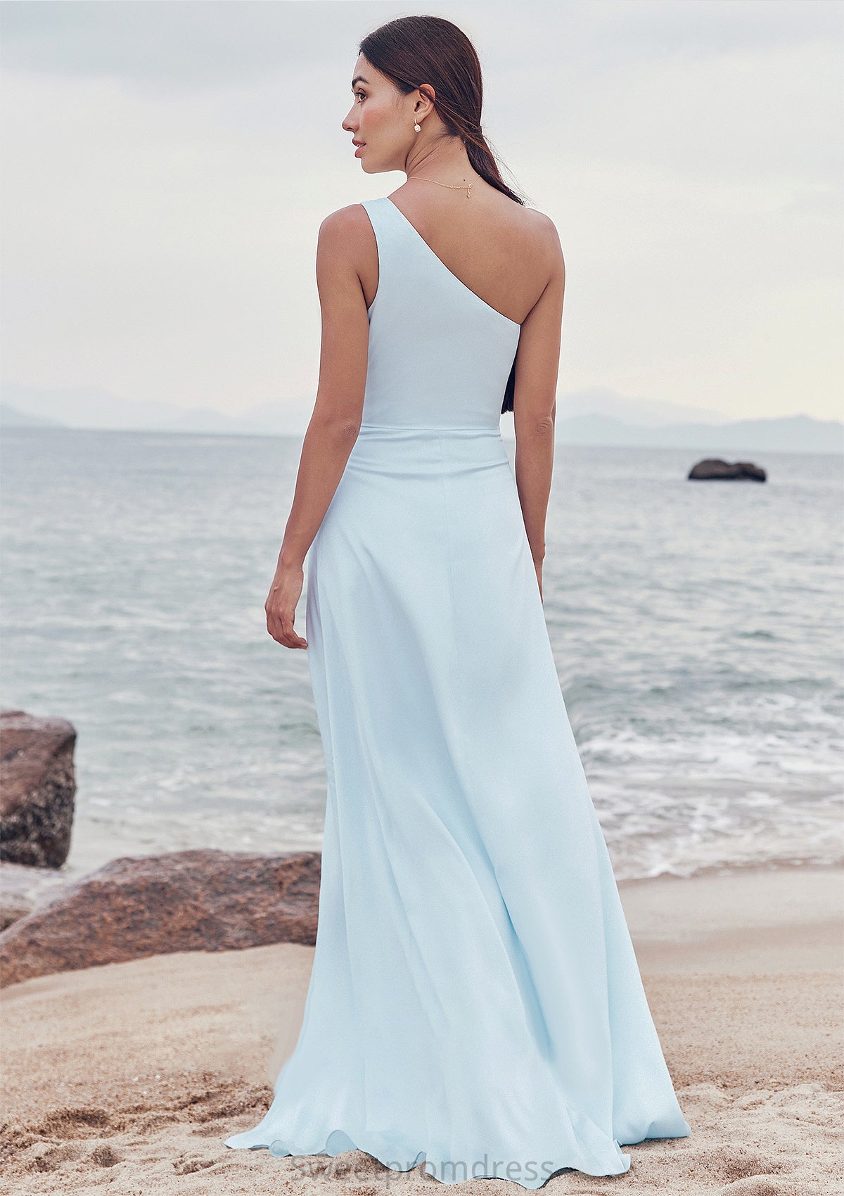 A-line One-Shoulder Sleeveless Floor-Length Stretch Satin Bridesmaid Dresses with Split Parker DHP0025285