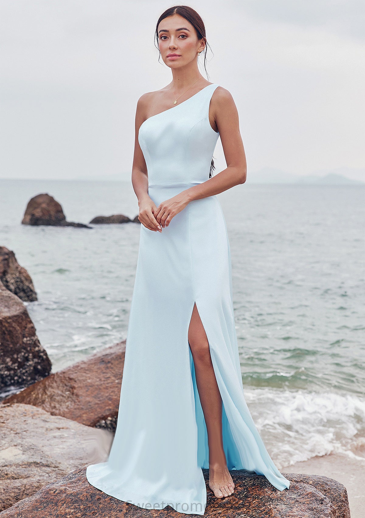 A-line One-Shoulder Sleeveless Floor-Length Stretch Satin Bridesmaid Dresses with Split Parker DHP0025285