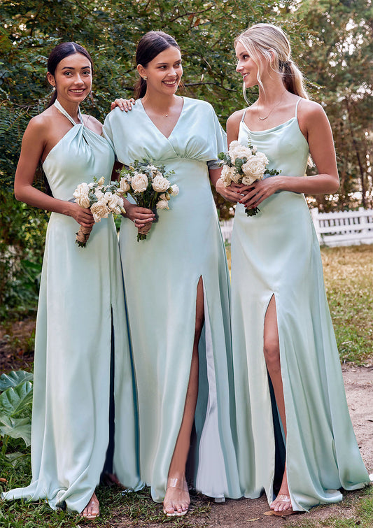 A-line Halter Sleeveless Floor-Length Stretch Satin Bridesmaid Dresses with Split Lisa DHP0025287