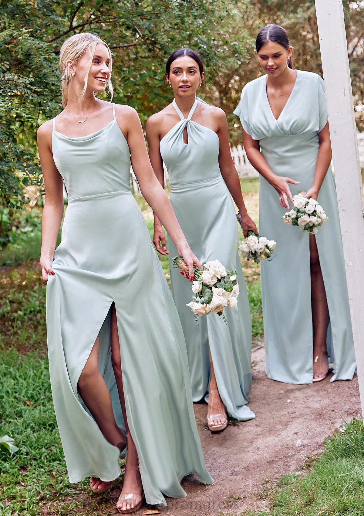 A-line Halter Sleeveless Floor-Length Stretch Satin Bridesmaid Dresses with Split Lisa DHP0025287