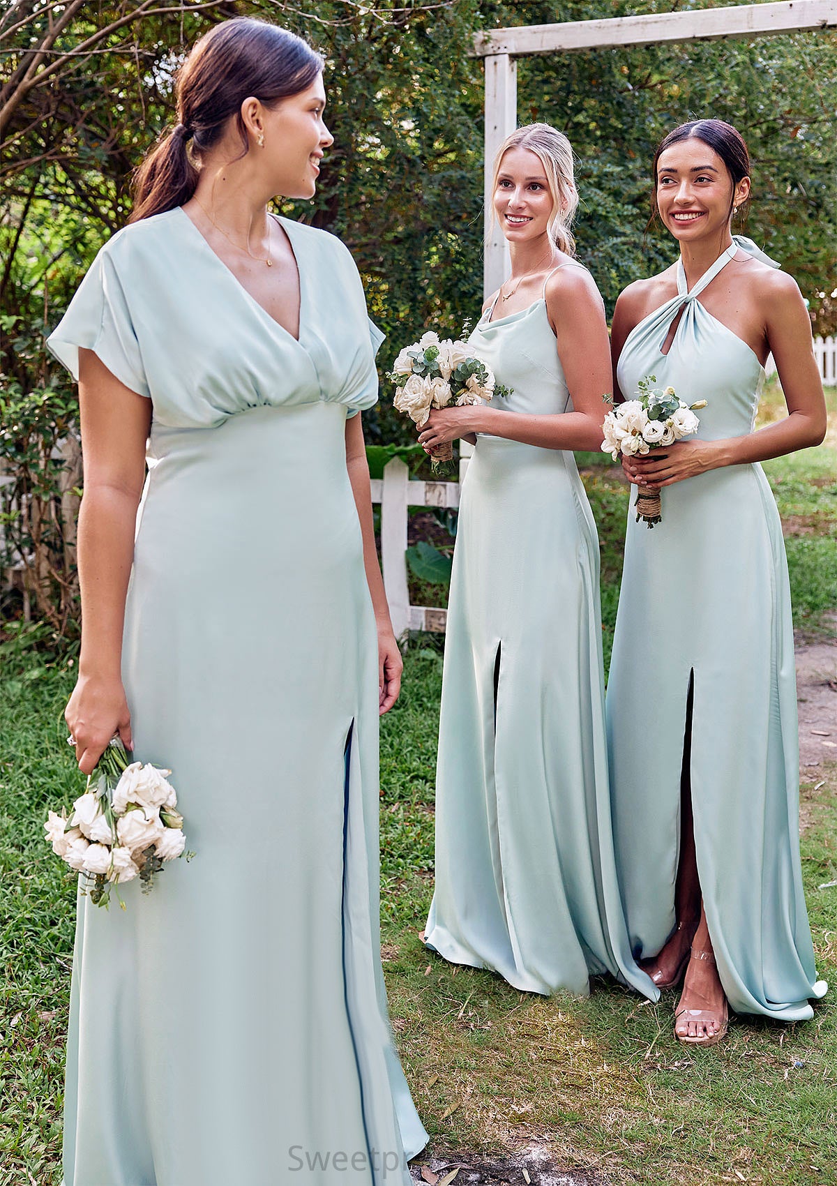 A-line Halter Sleeveless Floor-Length Stretch Satin Bridesmaid Dresses with Split Lisa DHP0025287