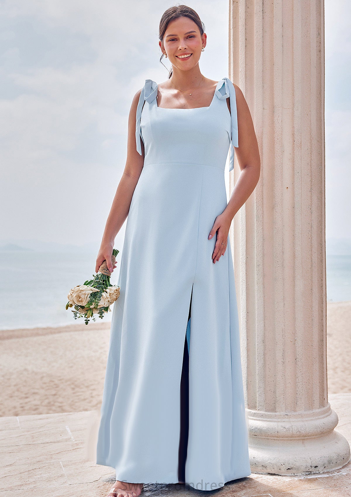 A-line Square Neckline Sleeveless Floor-Length Stretch Crepe Bridesmaid Dresses with Split Jaslyn DHP0025288