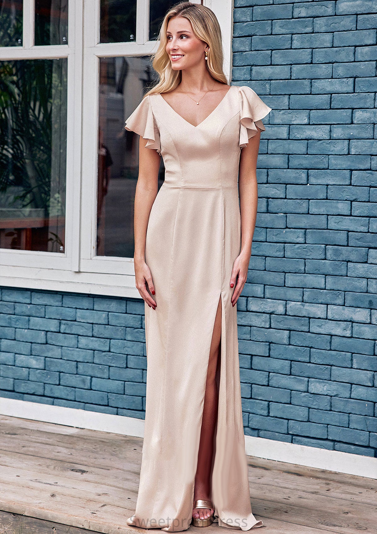 Sheath/Column V Neck Short Sleeve Floor-Length Stretch Satin Bridesmaid Dresses with Ruffles Split Tabitha DHP0025290