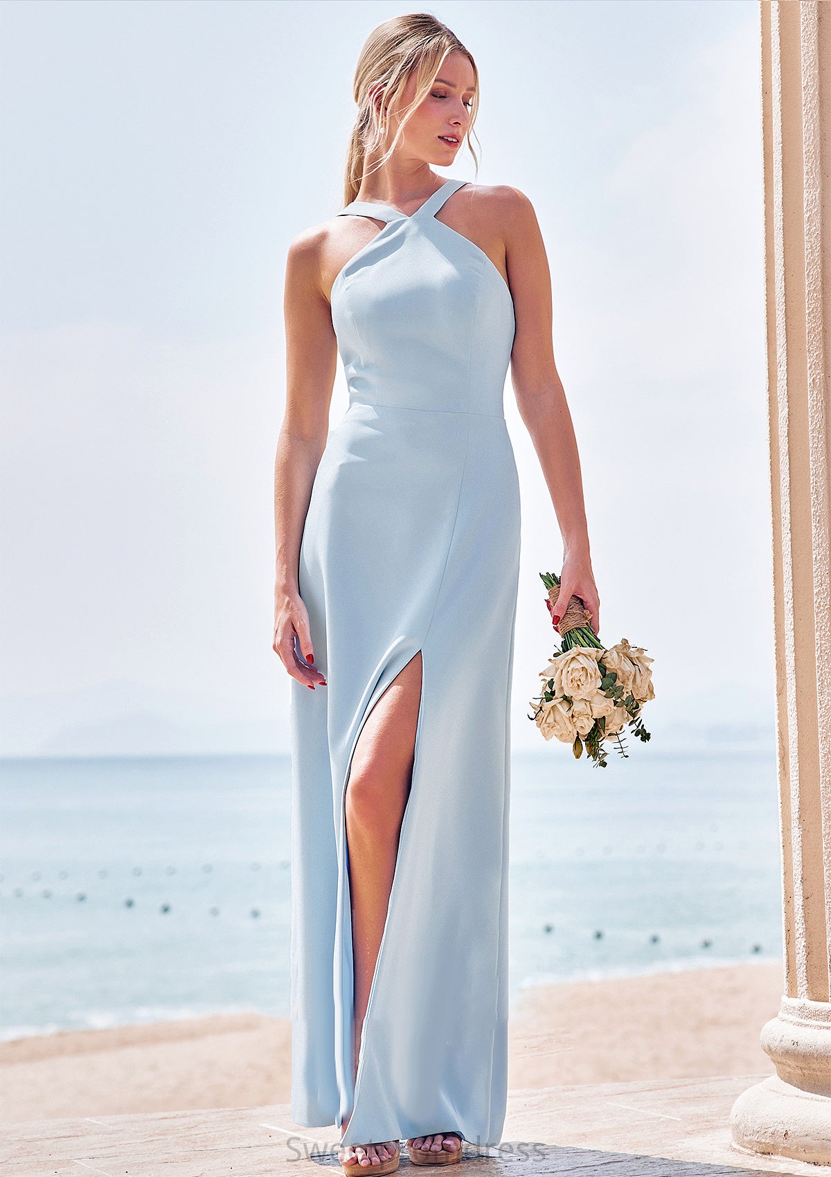 Sheath/Column Halter Sleeveless Floor-Length Stretch Crepe Bridesmaid Dresses with Split Siena DHP0025291