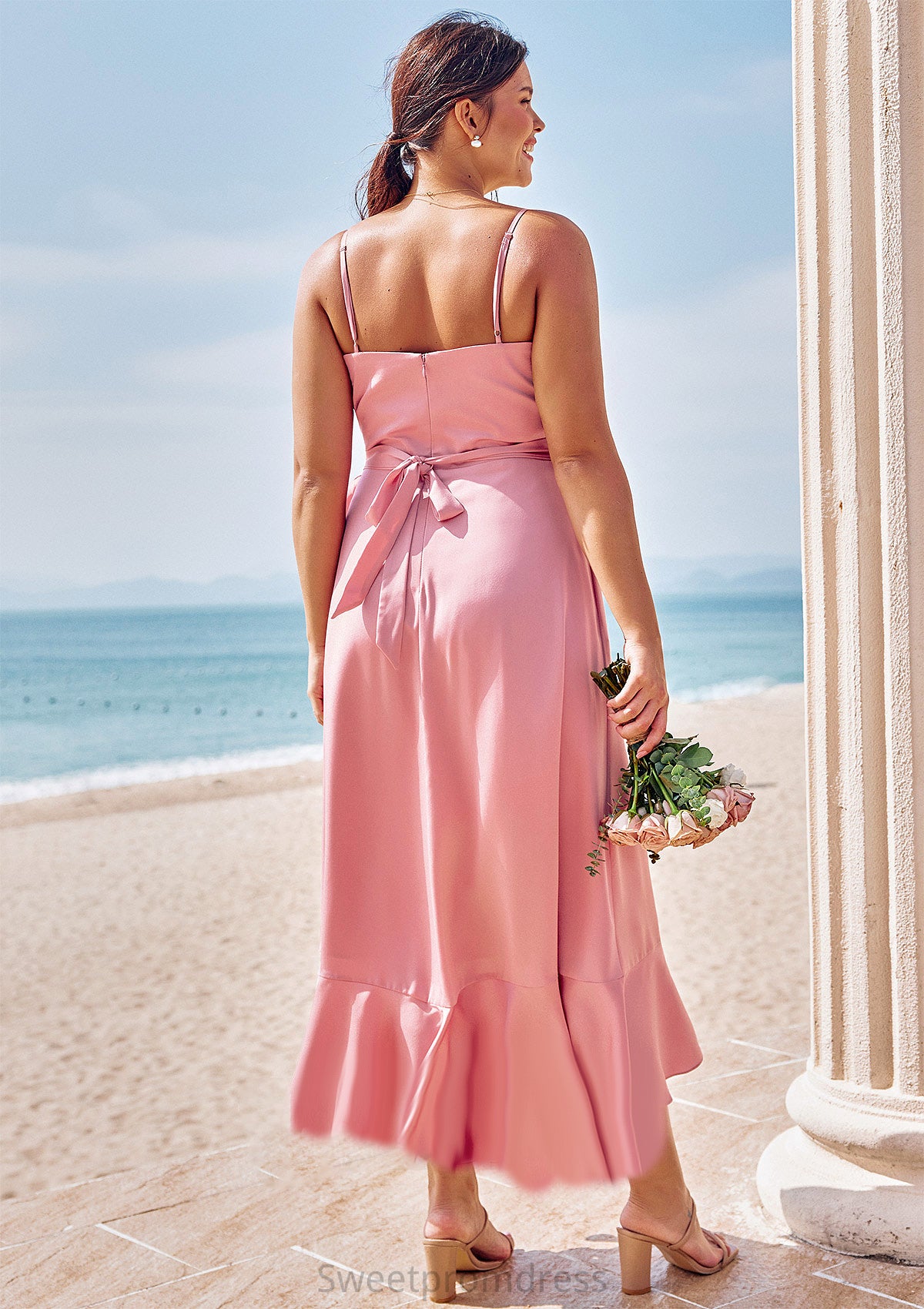 A-line V Neck Sleeveless Asymmetrical Stretch Satin Bridesmaid Dresses with Sashes Ruffles Macie DHP0025292