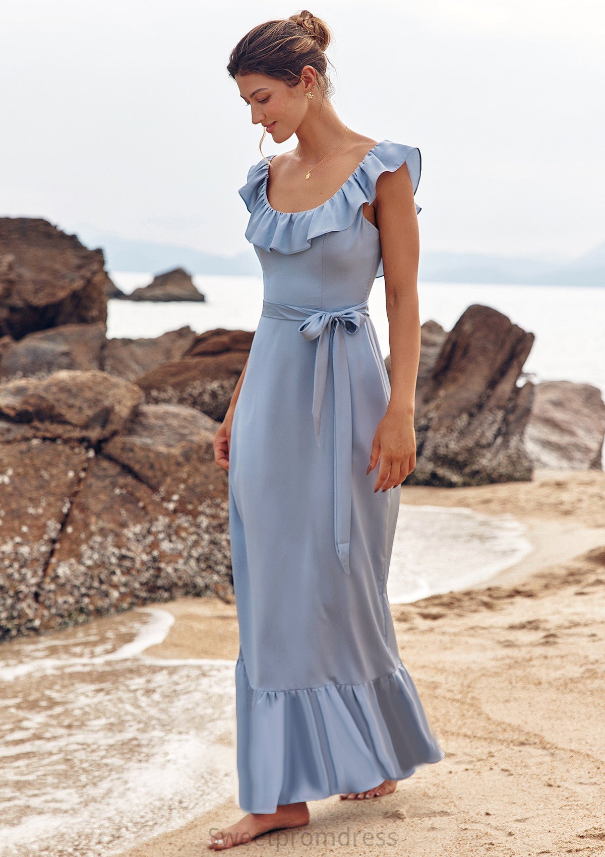 Sheath/Column Scoop Neck Sleeveless Floor-Length Stretch Satin Bridesmaid Dresses with Sashes Ruffles Briley DHP0025293