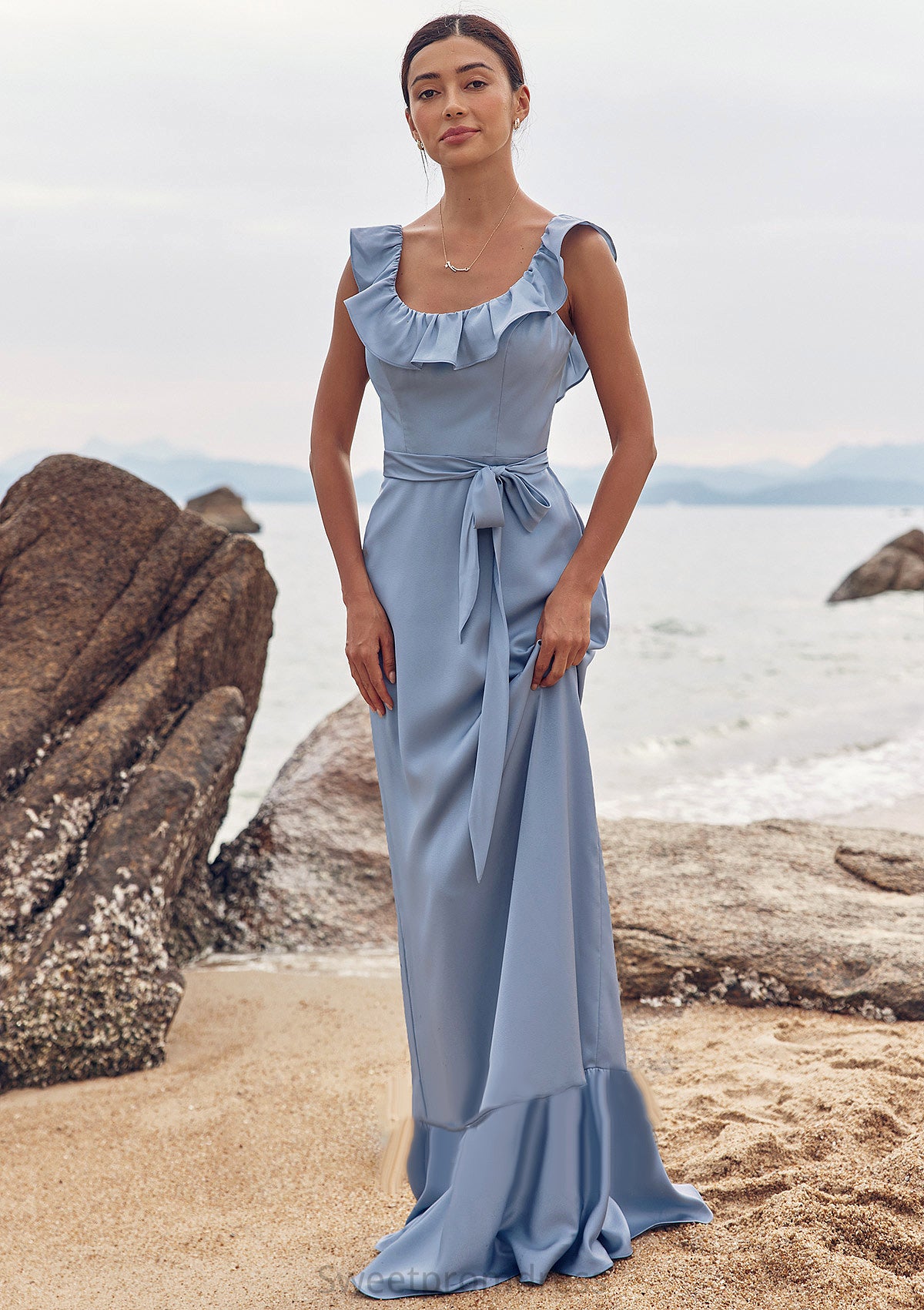 Sheath/Column Scoop Neck Sleeveless Floor-Length Stretch Satin Bridesmaid Dresses with Sashes Ruffles Briley DHP0025293