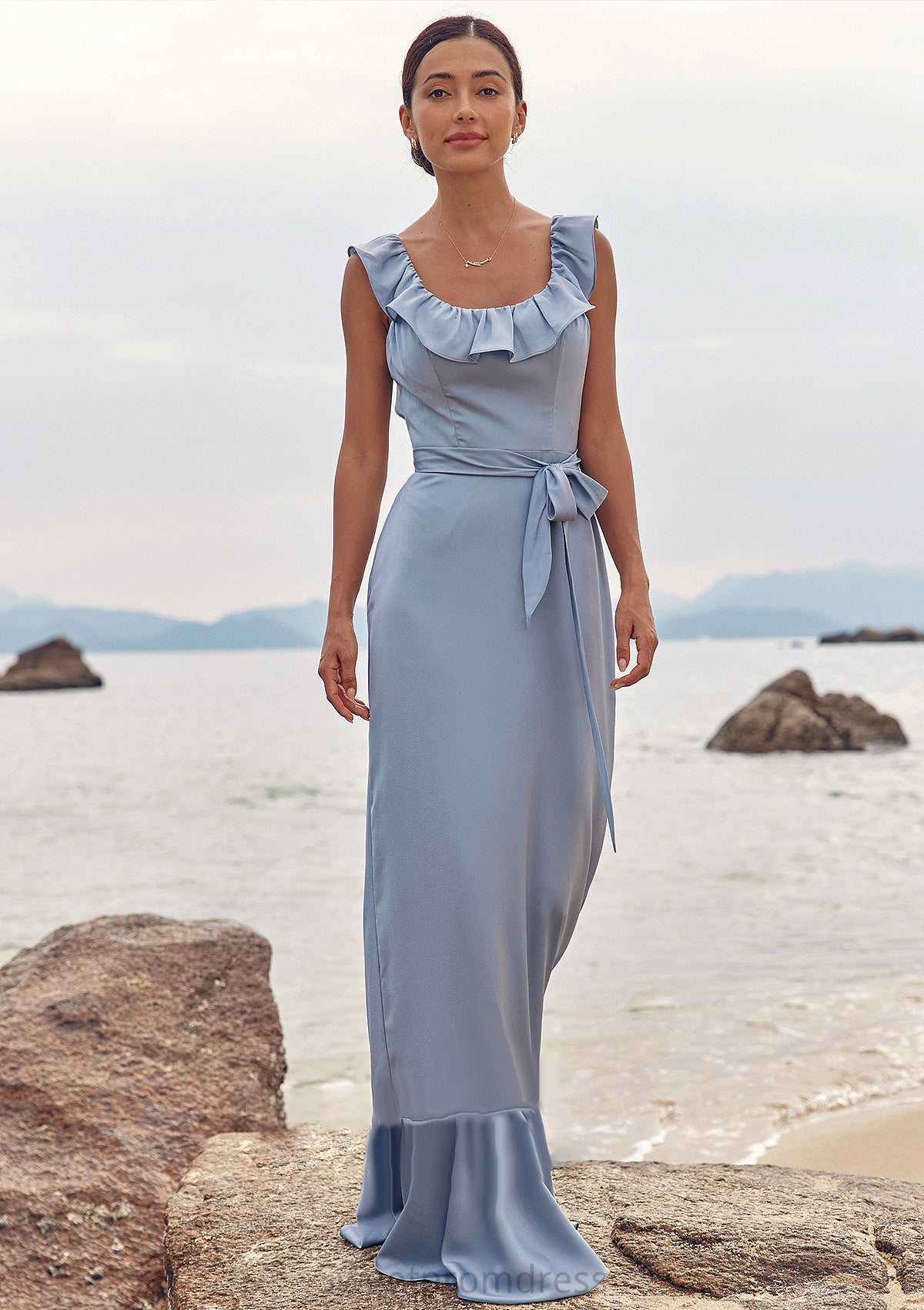 Sheath/Column Scoop Neck Sleeveless Floor-Length Stretch Satin Bridesmaid Dresses with Sashes Ruffles Briley DHP0025293