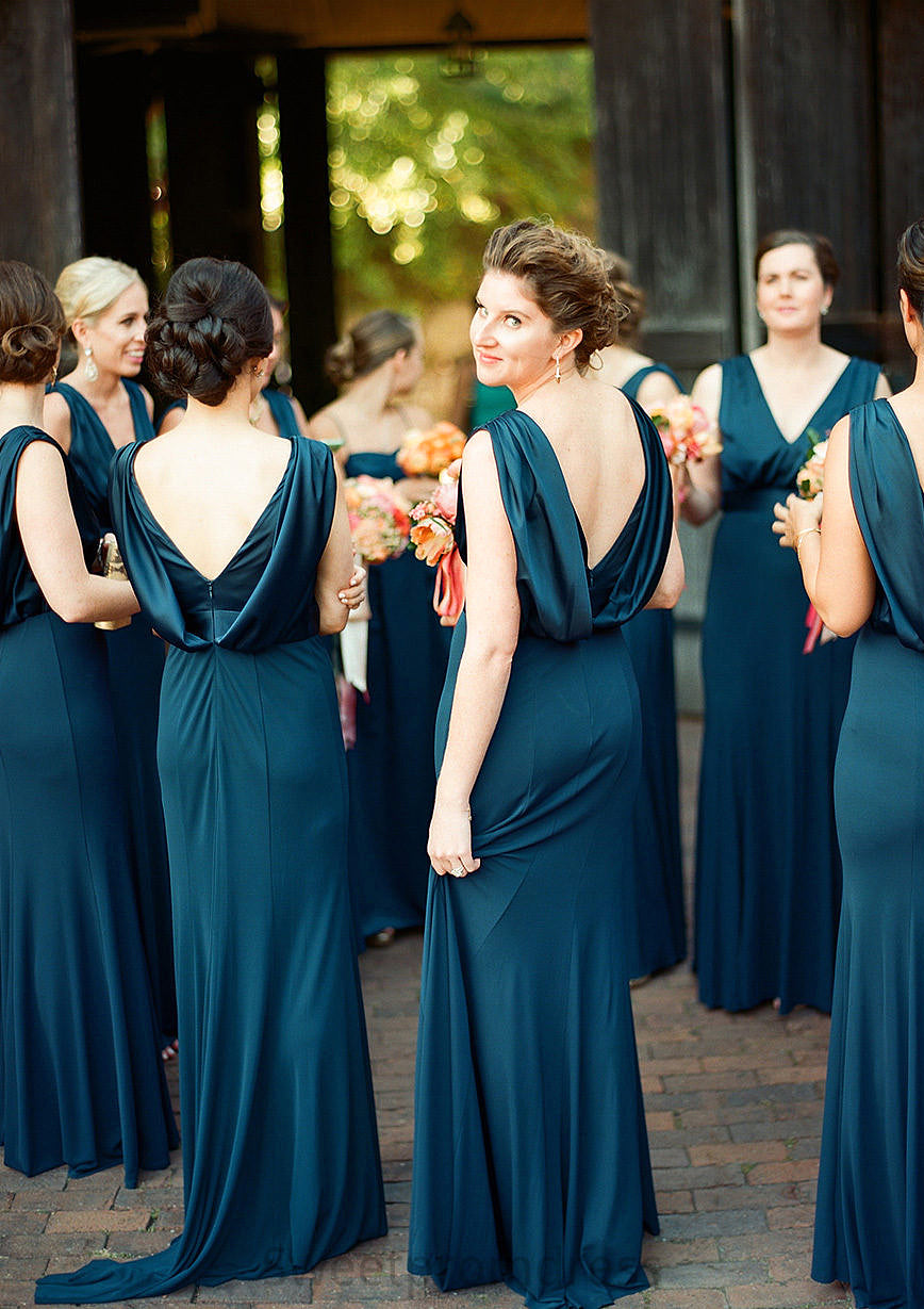 A-line V Neck Sleeveless Sweep Train Jersey Bridesmaid Dresses with Pleated Kailey DHP0025302