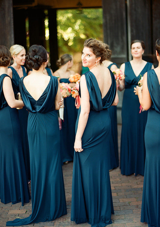 A-line V Neck Sleeveless Sweep Train Jersey Bridesmaid Dresses with Pleated Kailey DHP0025302