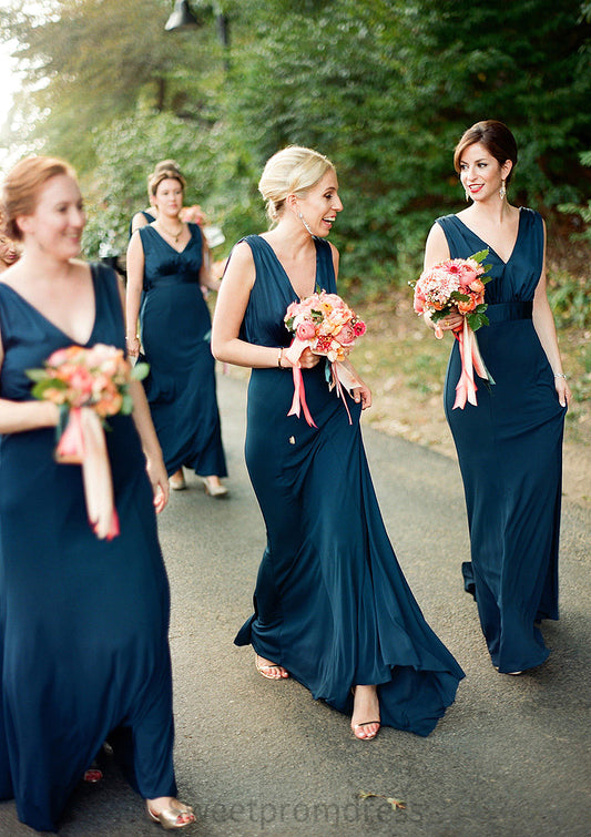 A-line V Neck Sleeveless Sweep Train Jersey Bridesmaid Dresses with Pleated Kailey DHP0025302