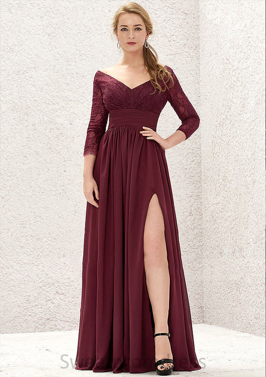 A-line V Neck Full/Long Sleeve Long/Floor-Length Chiffon Bridesmaid Dresses With Lace Split Pleated Daisy DHP0025304