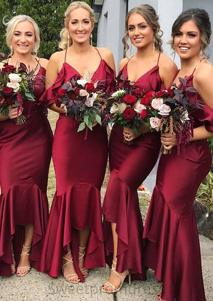 Sleeveless V Neck Asymmetrical Trumpet/Mermaid Charmeuse Bridesmaid Dresseses With Ruffles Ada DHP0025305