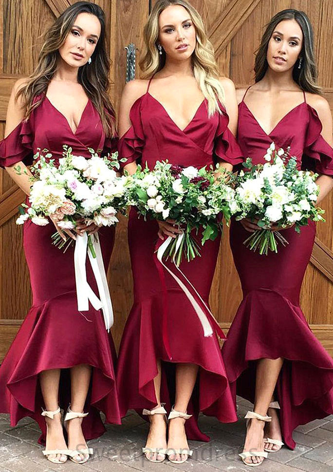 Sleeveless V Neck Asymmetrical Trumpet/Mermaid Charmeuse Bridesmaid Dresseses With Ruffles Ada DHP0025305