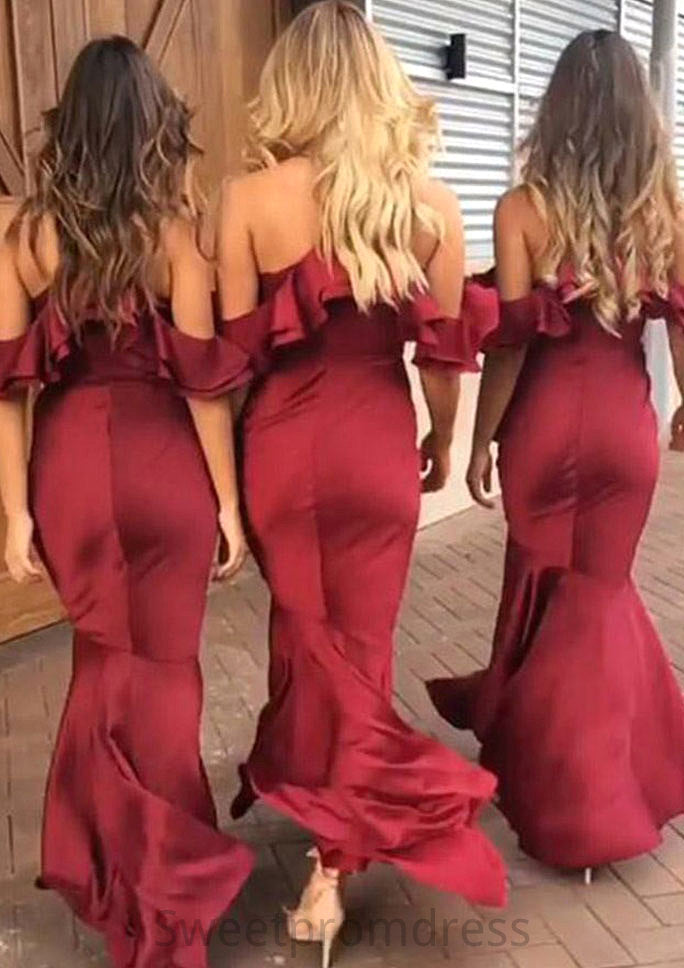 Sleeveless V Neck Asymmetrical Trumpet/Mermaid Charmeuse Bridesmaid Dresseses With Ruffles Ada DHP0025305