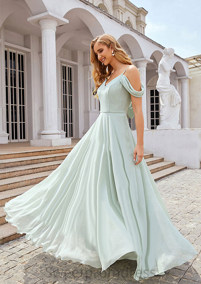 A-line Off-the-Shoulder Sleeveless Long/Floor-Length Chiffon Bridesmaid Dresseses With Pleated Reyna DHP0025307