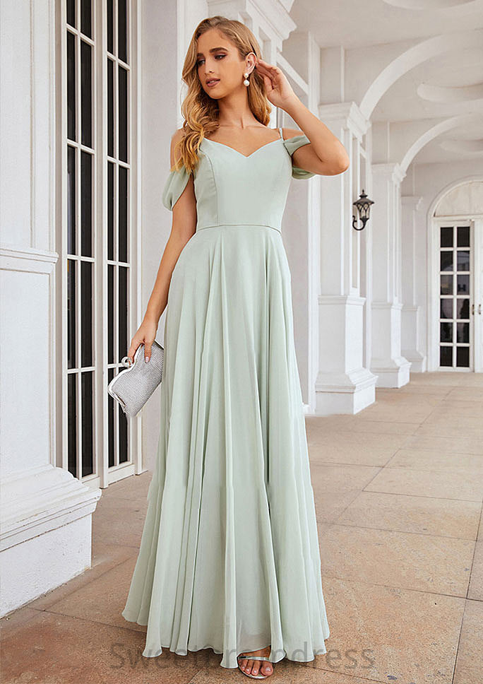 A-line Off-the-Shoulder Sleeveless Long/Floor-Length Chiffon Bridesmaid Dresseses With Pleated Reyna DHP0025307