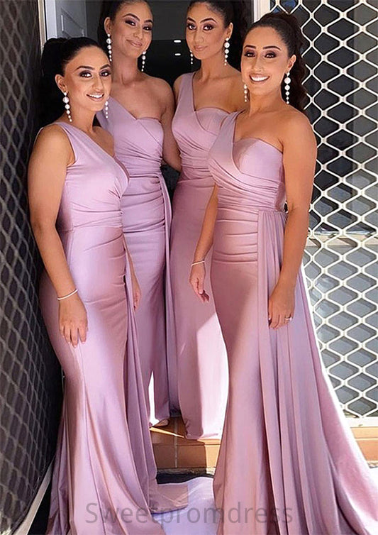 Trumpet/Mermaid One-Shoulder Sleeveless Sweep Train Jersey Bridesmaid Dresses With Pleated Side Draping Amaris DHP0025308