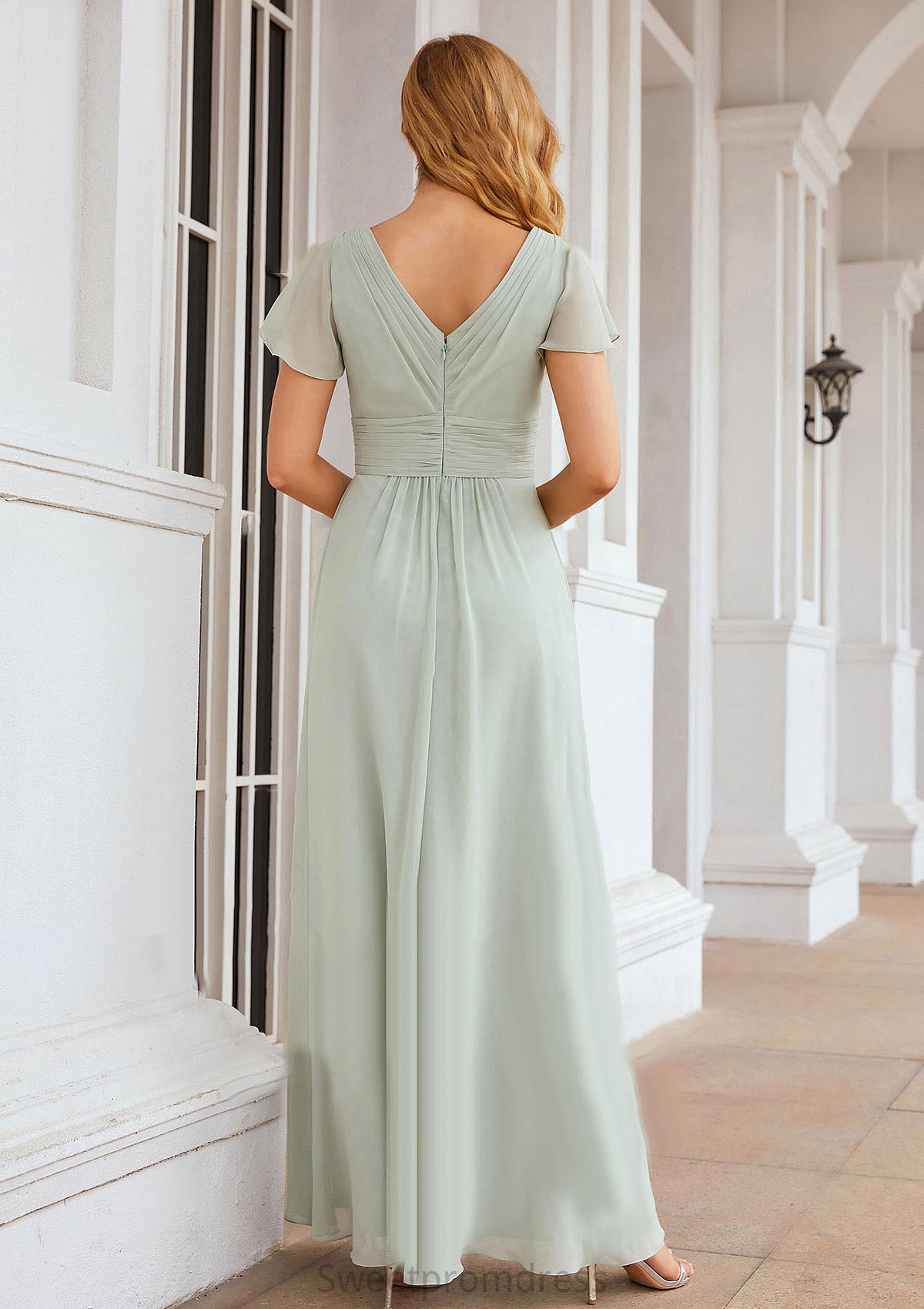 A-line V Neck Short Sleeve Long/Floor-Length Chiffon Bridesmaid Dresses With Pleated Una DHP0025309