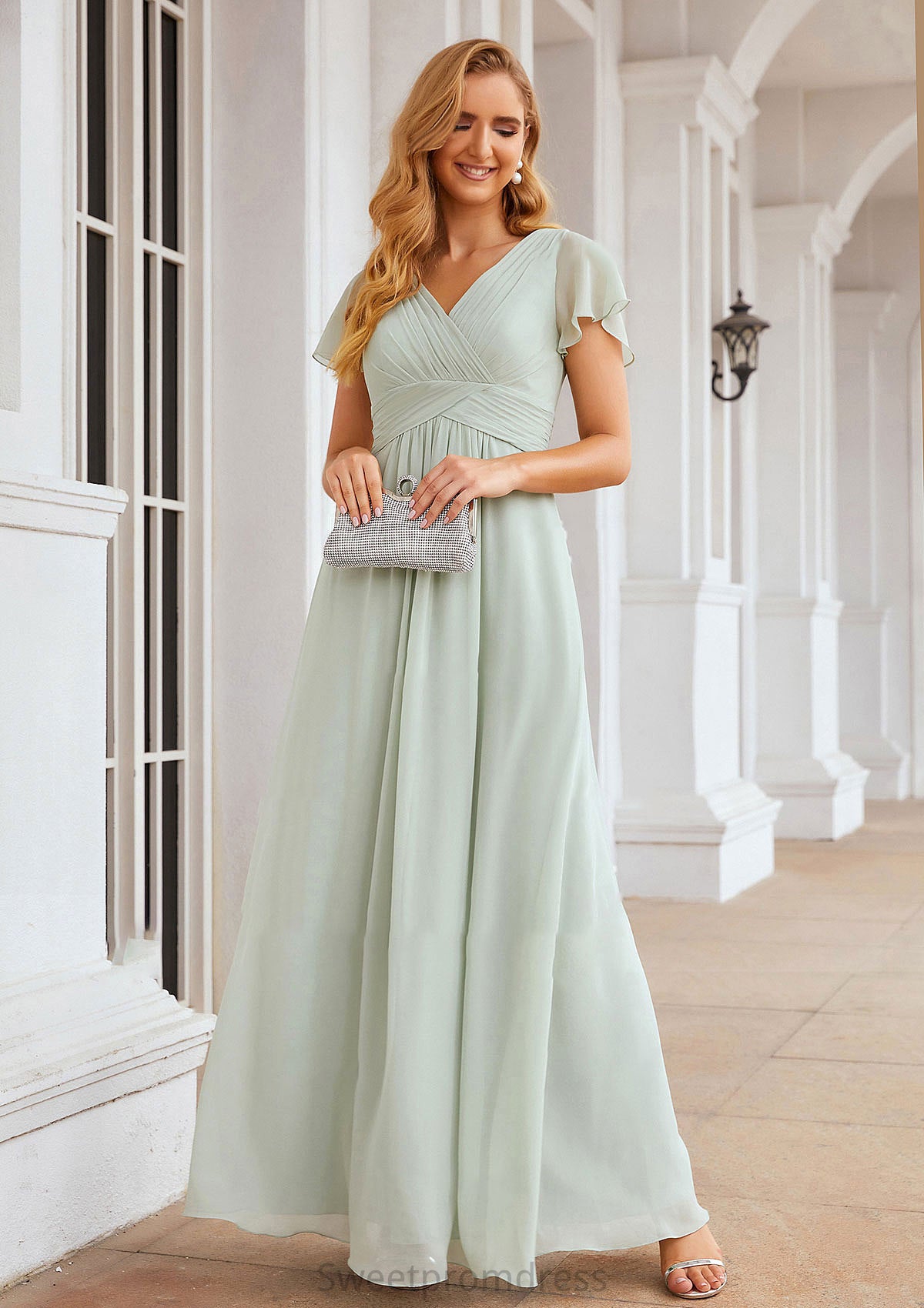 A-line V Neck Short Sleeve Long/Floor-Length Chiffon Bridesmaid Dresses With Pleated Una DHP0025309