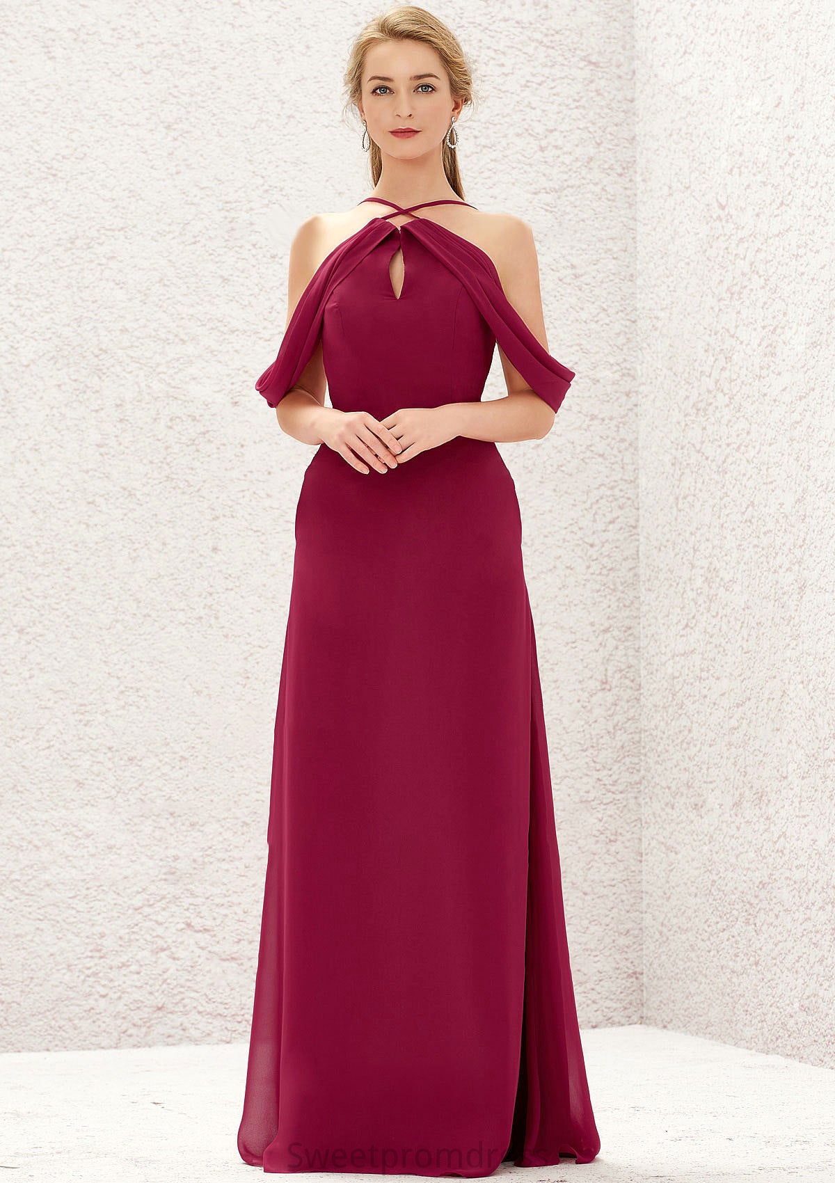 A-line Scalloped Neck Sleeveless Chiffon Long/Floor-Length Bridesmaid Dresses With Pockets Denise DHP0025310