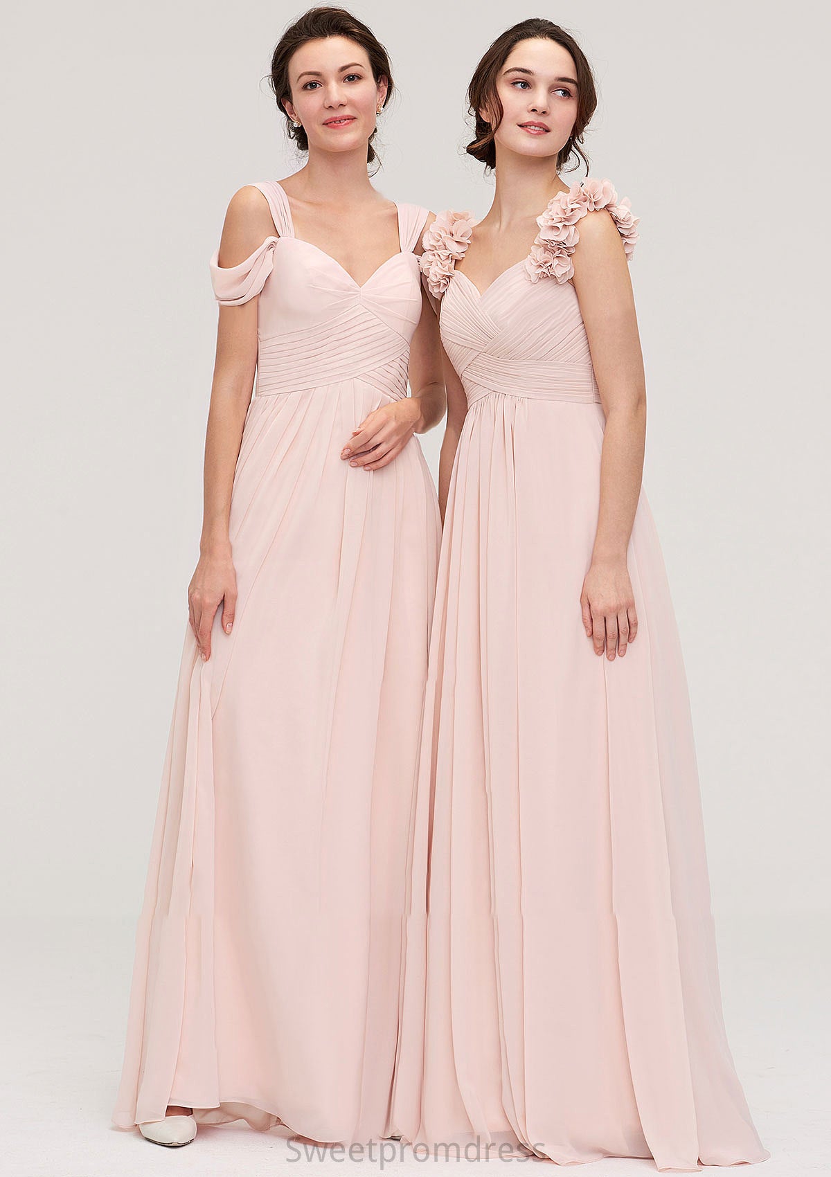 Sweetheart Sleeveless A-line/Princess Chiffon Long/Floor-Length Bridesmaid Dresses With Pleated Shoulder Flower Jess DHP0025315