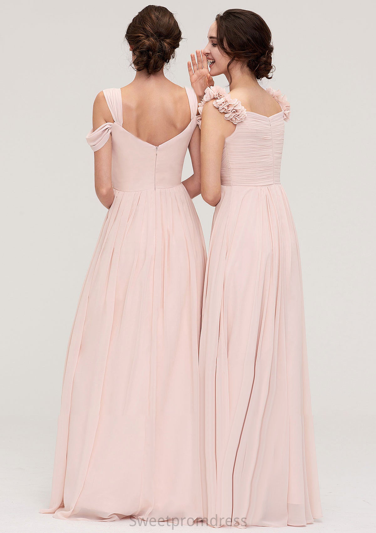 Sweetheart Sleeveless A-line/Princess Chiffon Long/Floor-Length Bridesmaid Dresses With Pleated Shoulder Flower Jess DHP0025315