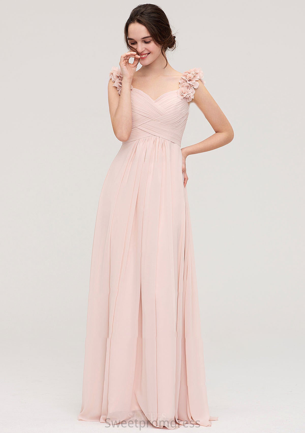 Sweetheart Sleeveless A-line/Princess Chiffon Long/Floor-Length Bridesmaid Dresses With Pleated Shoulder Flower Jess DHP0025315