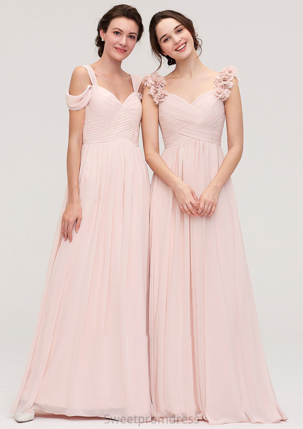 Sweetheart Sleeveless A-line/Princess Chiffon Long/Floor-Length Bridesmaid Dresses With Pleated Shoulder Flower Jess DHP0025315