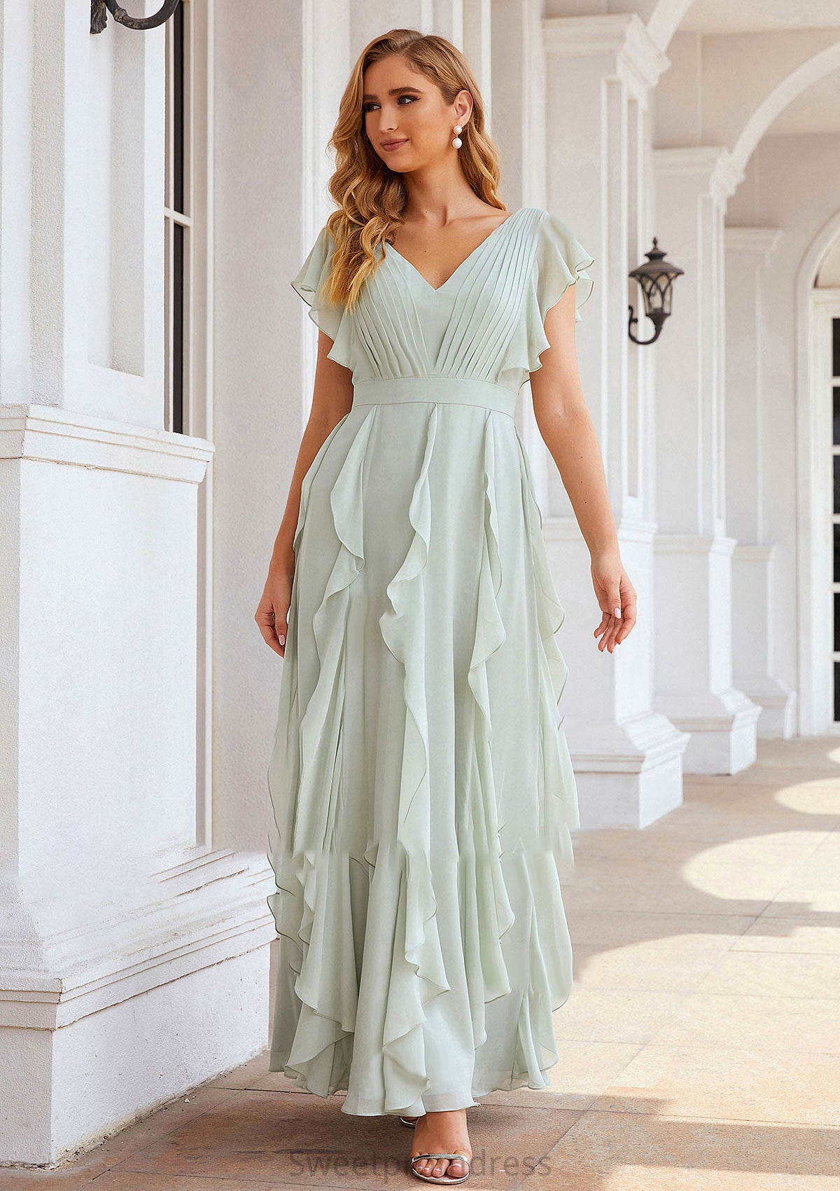 A-line V Neck Short Sleeve Long/Floor-Length Chiffon Bridesmaid Dresses With Pleated Ruffles Miriam DHP0025316