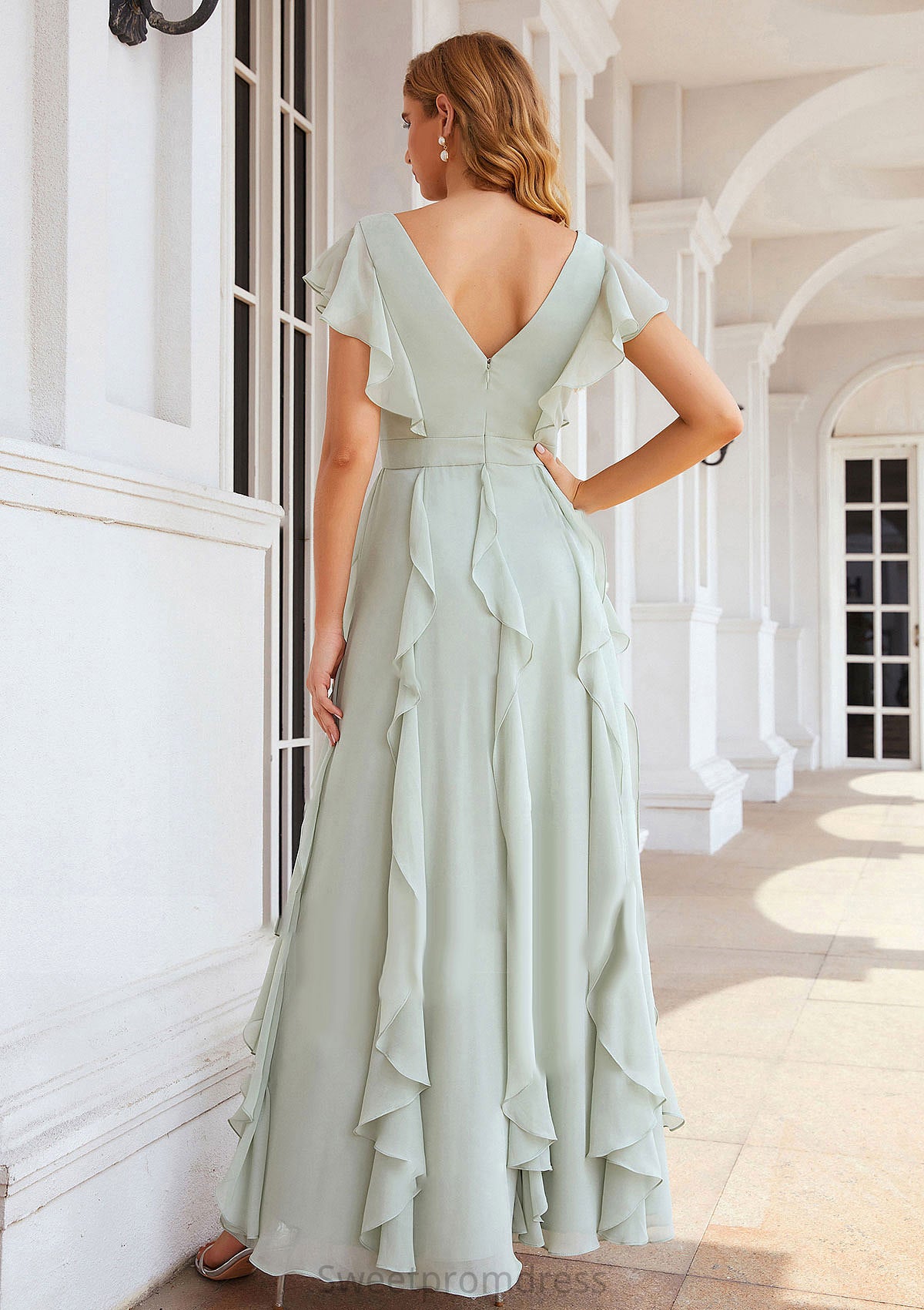 A-line V Neck Short Sleeve Long/Floor-Length Chiffon Bridesmaid Dresses With Pleated Ruffles Miriam DHP0025316