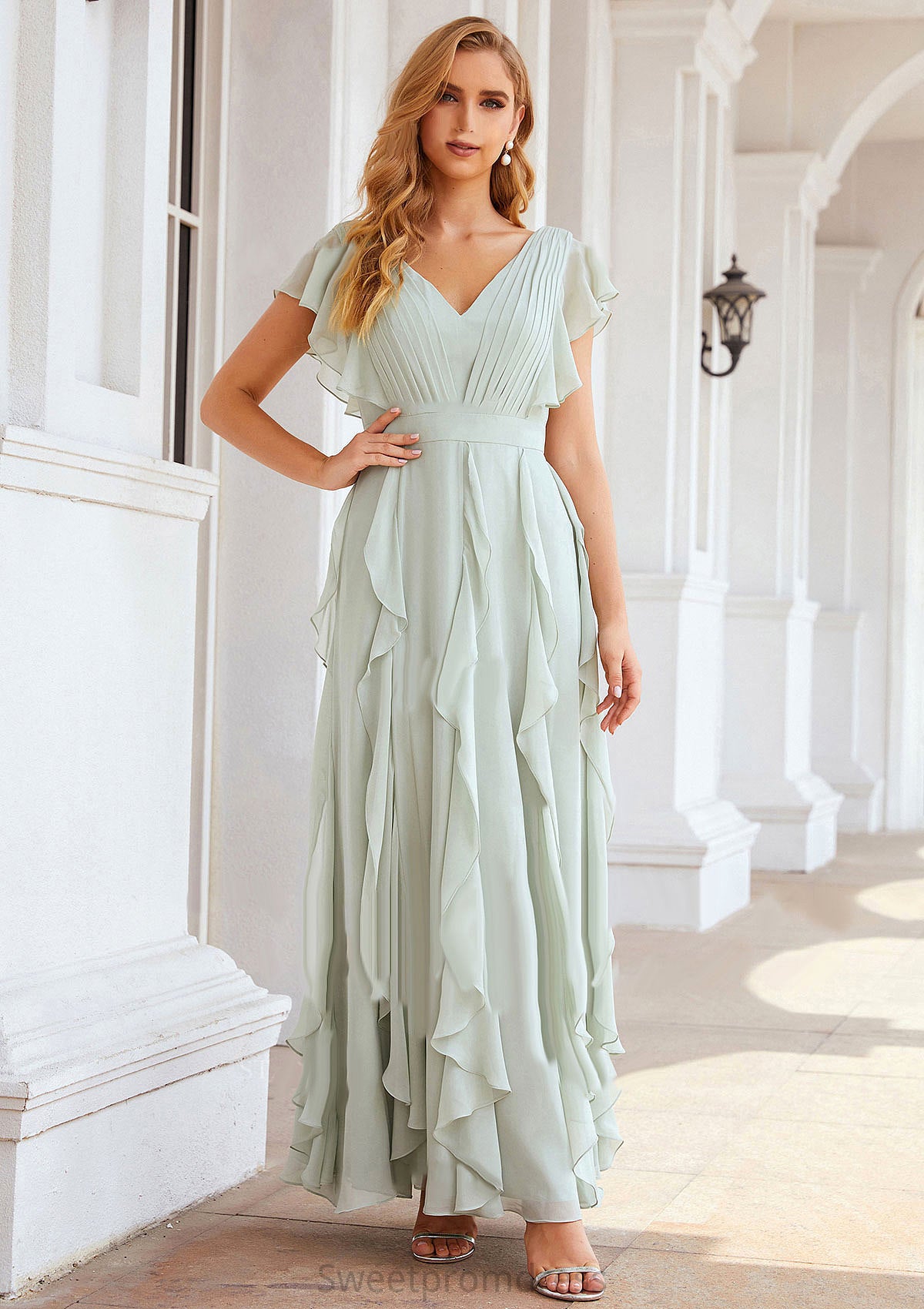 A-line V Neck Short Sleeve Long/Floor-Length Chiffon Bridesmaid Dresses With Pleated Ruffles Miriam DHP0025316