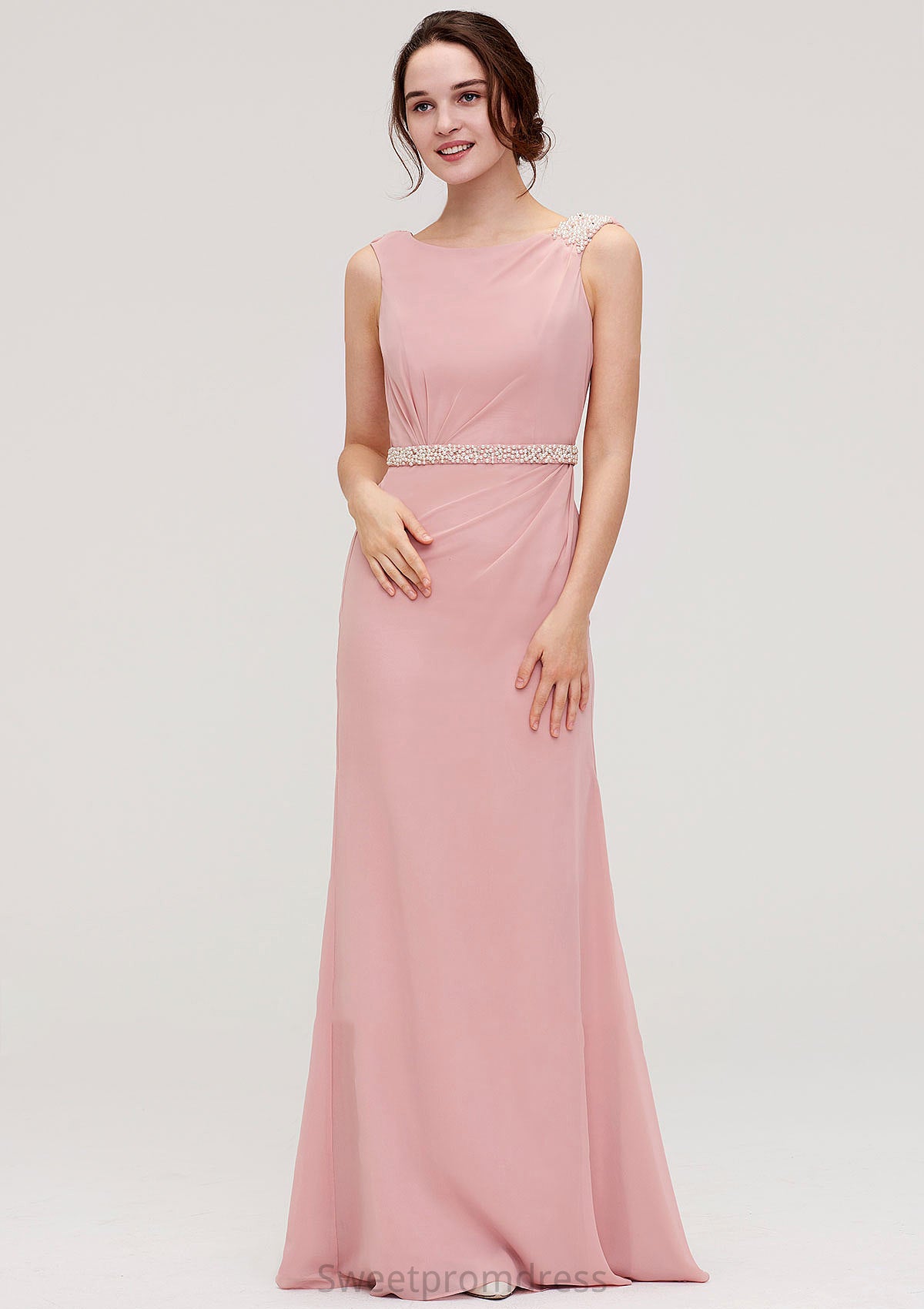 Sleeveless Sheath/Column Long/Floor-Length Chiffon Bridesmaid Dresses With Waistband Beading Skyler DHP0025317