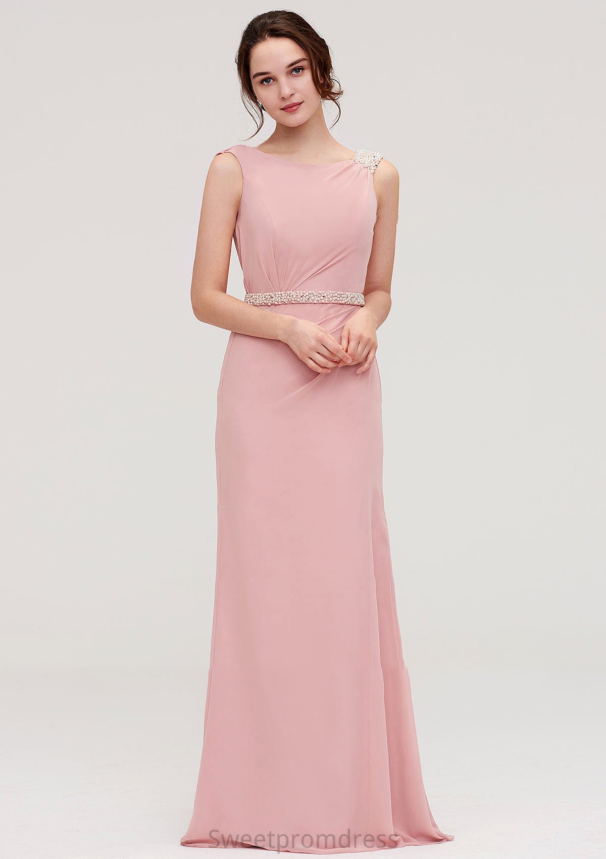 Sleeveless Sheath/Column Long/Floor-Length Chiffon Bridesmaid Dresses With Waistband Beading Skyler DHP0025317