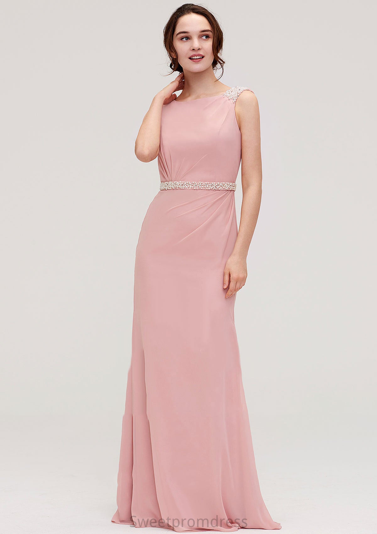 Sleeveless Sheath/Column Long/Floor-Length Chiffon Bridesmaid Dresses With Waistband Beading Skyler DHP0025317