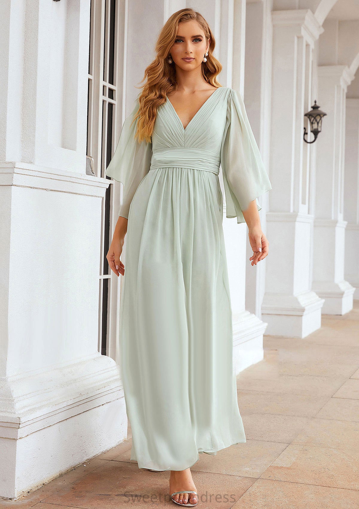 Sheath/Column V Neck 3/4 Sleeve Long/Floor-Length Chiffon Bridesmaid Dresses With Pleated Blanche DHP0025318