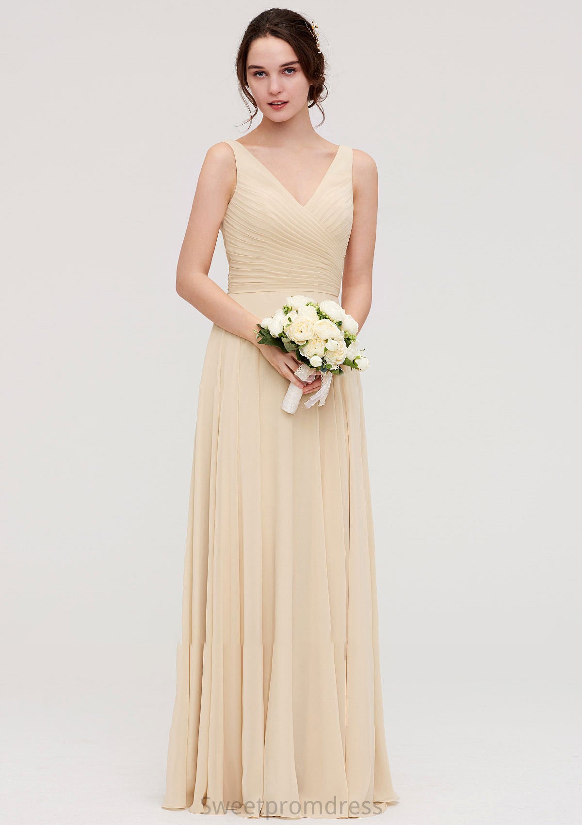 A-line/Princess V Neck Long/Floor-Length A-line/Princess Chiffon Bridesmaid Dresses With Sashes Pleated Anabel DHP0025322