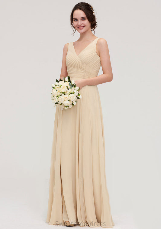 A-line/Princess V Neck Long/Floor-Length A-line/Princess Chiffon Bridesmaid Dresses With Sashes Pleated Anabel DHP0025322