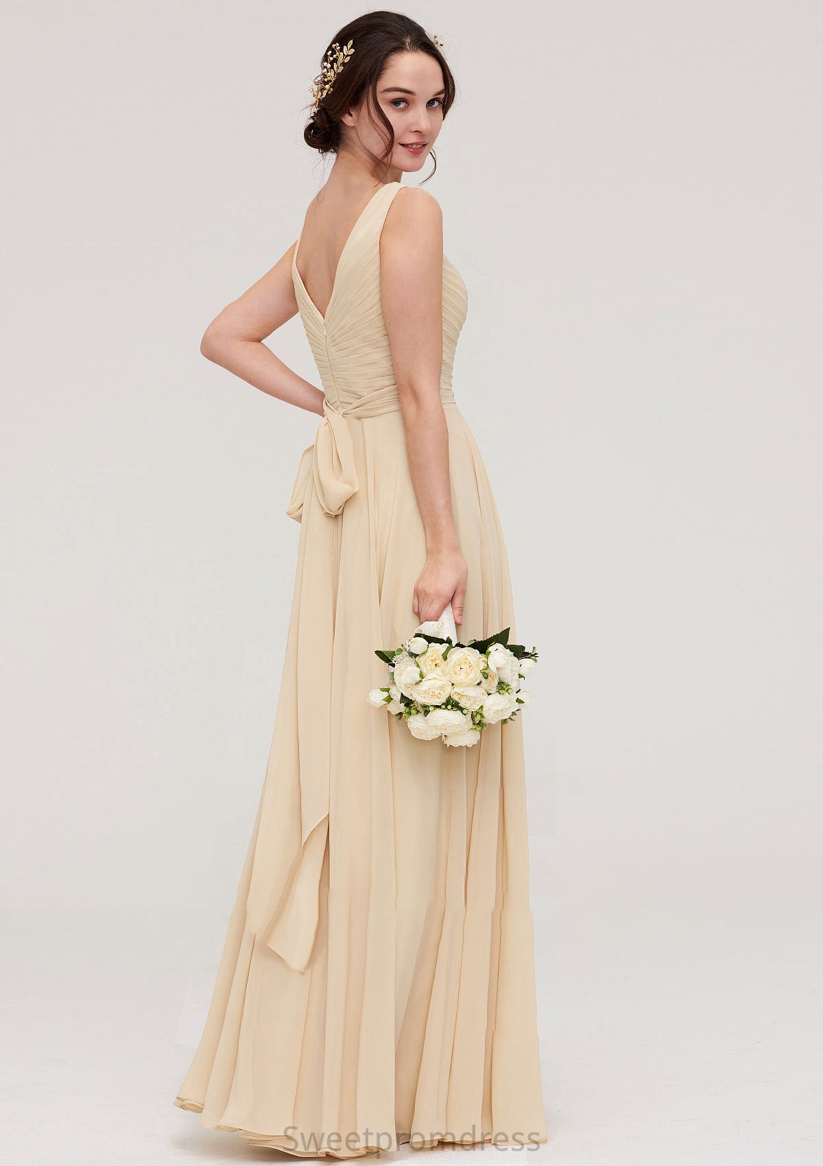 A-line/Princess V Neck Long/Floor-Length A-line/Princess Chiffon Bridesmaid Dresses With Sashes Pleated Anabel DHP0025322