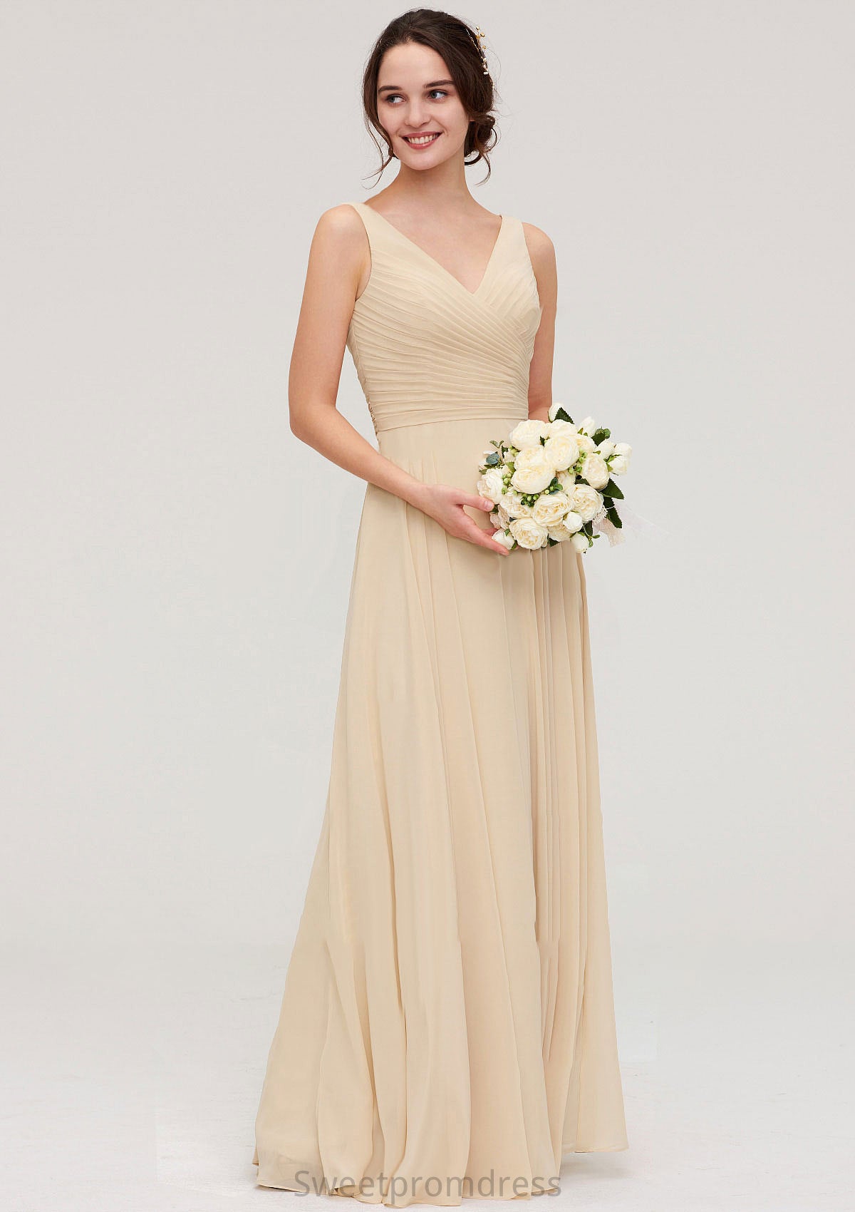 A-line/Princess V Neck Long/Floor-Length A-line/Princess Chiffon Bridesmaid Dresses With Sashes Pleated Anabel DHP0025322