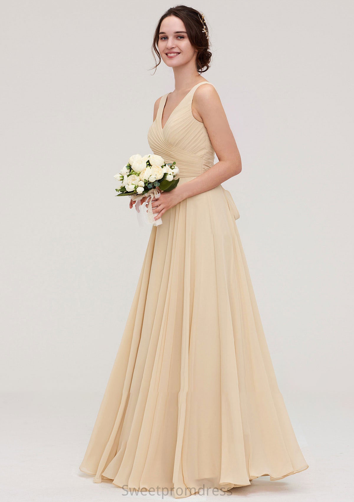 A-line/Princess V Neck Long/Floor-Length A-line/Princess Chiffon Bridesmaid Dresses With Sashes Pleated Anabel DHP0025322