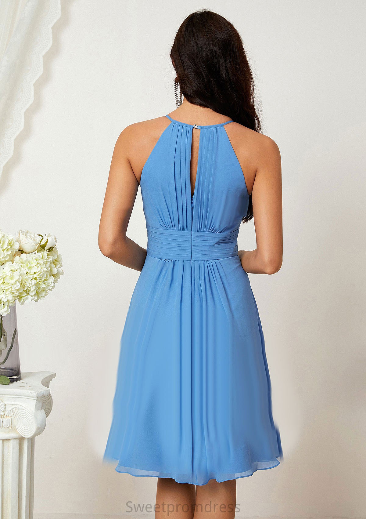 A-line Halter Sleeveless Knee-Length Chiffon Bridesmaid Dresses With Pleated    Margery DHP0025324