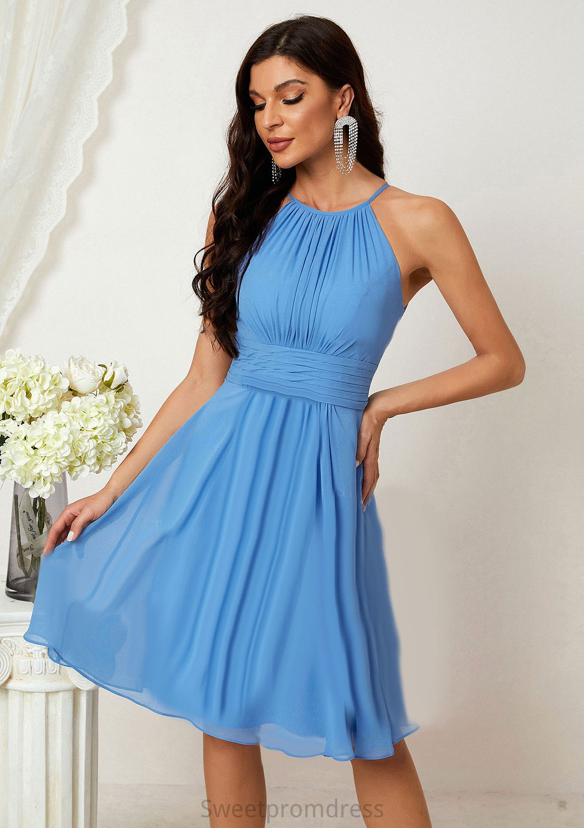 A-line Halter Sleeveless Knee-Length Chiffon Bridesmaid Dresses With Pleated    Margery DHP0025324